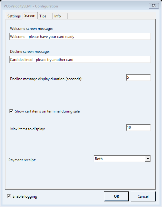 The Screen tab of the POSVelocitySEMI configuration dialog: welcome and decline screen messages, decline display duration, a checkbox to show cart items on the terminal during a sale with a maximum item count, and the payment-receipt selector.